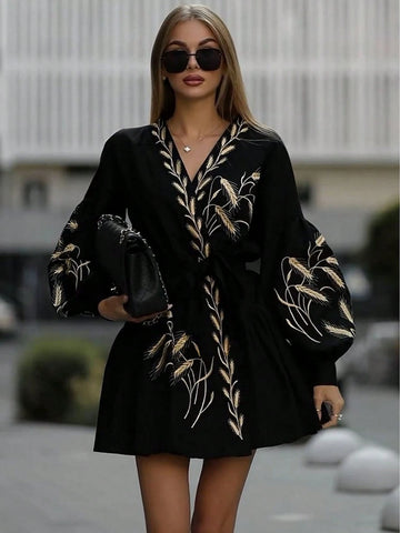 Women V-Neck Embroidered Cross-Wrap Casual Long Sleeve Dress