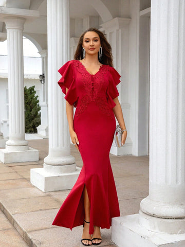 Women V-Neck Fashionable And Elegant Dress With Lotus Leaf Edges, Fish Tail And Split Design