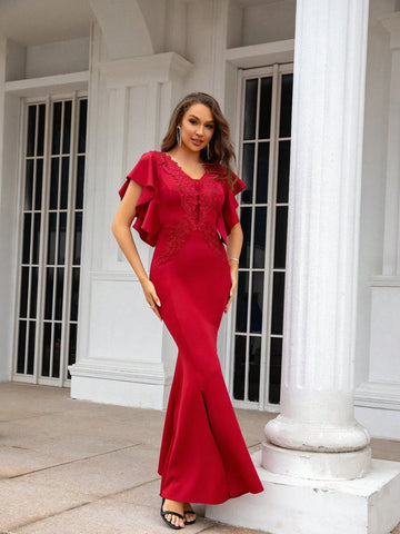 Women V-Neck Fashionable And Elegant Dress With Lotus Leaf Edges, Fish Tail And Split Design