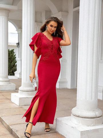 Women V-Neck Fashionable And Elegant Dress With Lotus Leaf Edges, Fish Tail And Split Design