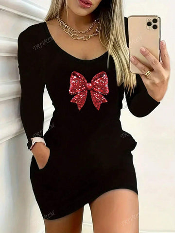 Women V-Neck Long Sleeve Bow Print Casual Mini Dress