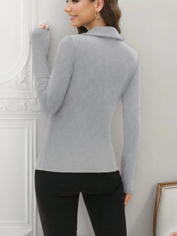 Women V-Neck Long Sleeve Polo Shirt, Business Casual Basic Slim Fit Blouse, Autumn 2024