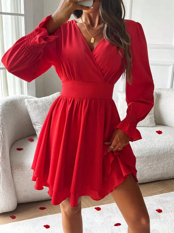 Women V-Neck Long Sleeve Solid Color Casual Loose Short Dress