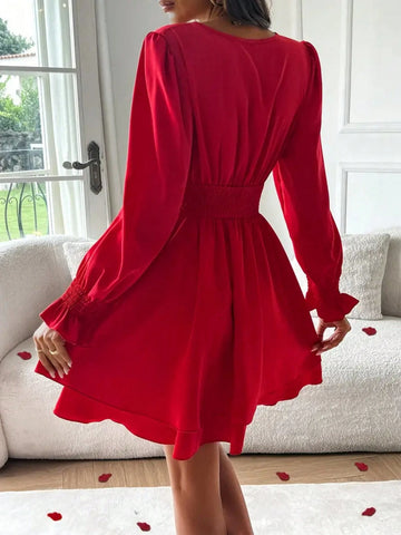 Women V-Neck Long Sleeve Solid Color Casual Loose Short Dress