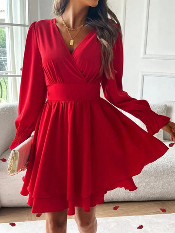 Women V-Neck Long Sleeve Solid Color Casual Loose Short Dress