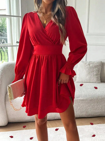Women V-Neck Long Sleeve Solid Color Casual Loose Short Dress