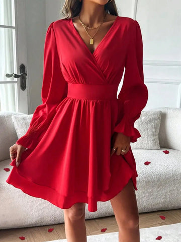 Women V-Neck Long Sleeve Solid Color Casual Loose Short Dress