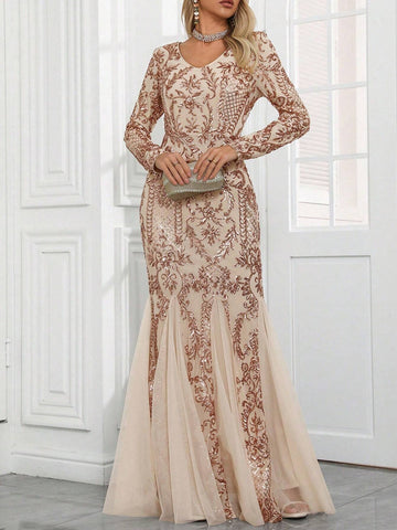 Women V-Neck Random Sequin Print Elegant Mesh Mermaid Hem Dress, Formal Gown For Wedding Party And Evening