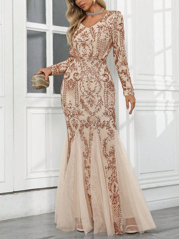 Women V-Neck Random Sequin Print Elegant Mesh Mermaid Hem Dress, Formal Gown For Wedding Party And Evening