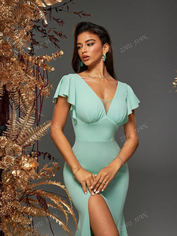 Women V-Neck Ruffle Sleeves Ruched High Slit Bridesmaid Dress Banquest Evening Party Wedding