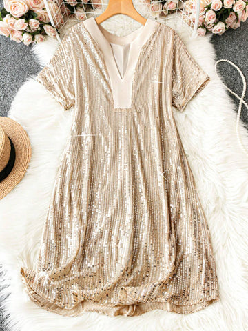 Women V-Neck Sequin A-Line Dress With Cut-Out, Summer