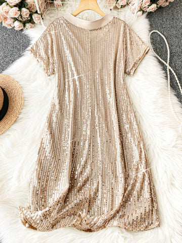 Women V-Neck Sequin A-Line Dress With Cut-Out, Summer