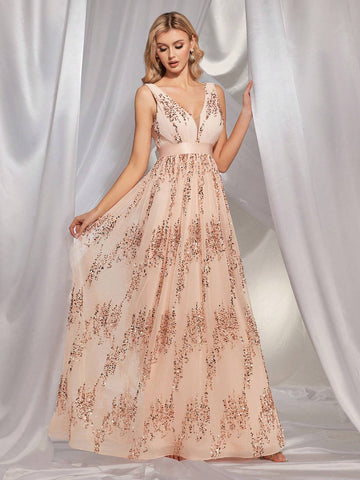 Women V-Neck Sparkling Evening Dress With Patchwork (Heavy Duty)