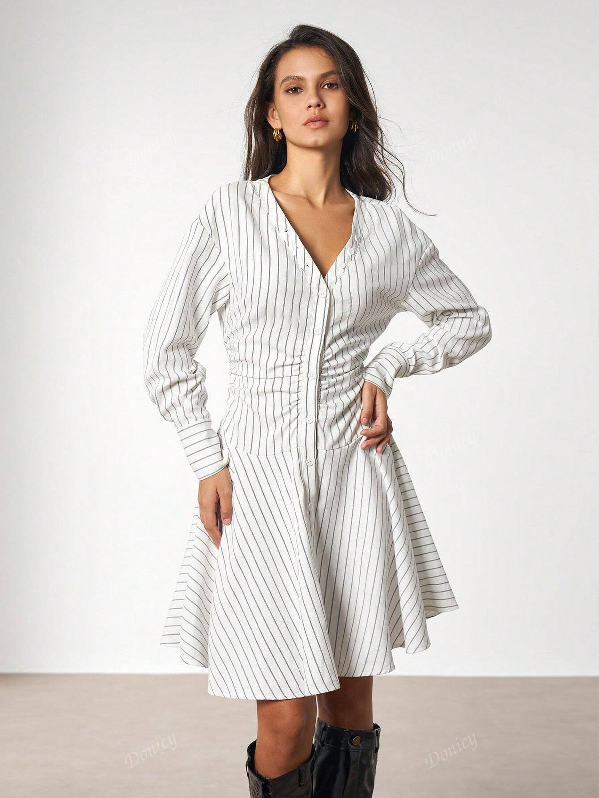 Women V-Neck Striped Ruched Print Simple Daily Wear Long Sleeve Dress