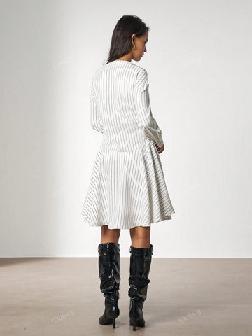 Women V-Neck Striped Ruched Print Simple Daily Wear Long Sleeve Dress
