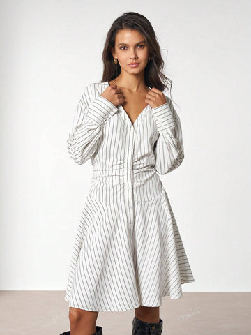 Women V-Neck Striped Ruched Print Simple Daily Wear Long Sleeve Dress