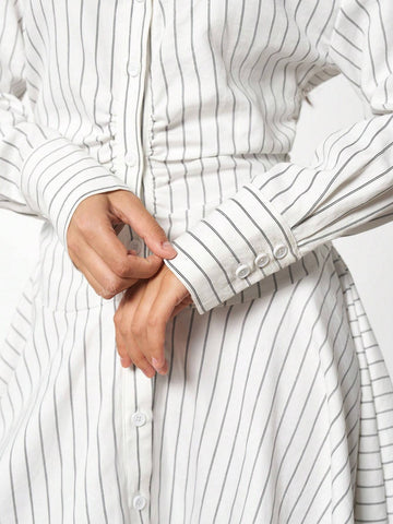 Women V-Neck Striped Ruched Print Simple Daily Wear Long Sleeve Dress