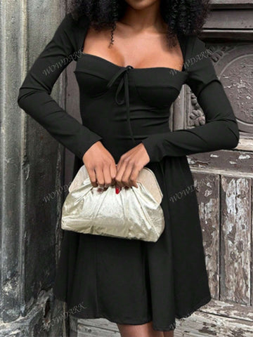 Women V-Neck Waisted Long Sleeve Dress, Autumn