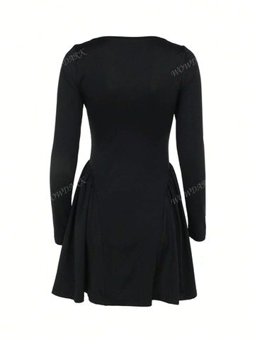Women V-Neck Waisted Long Sleeve Dress, Autumn