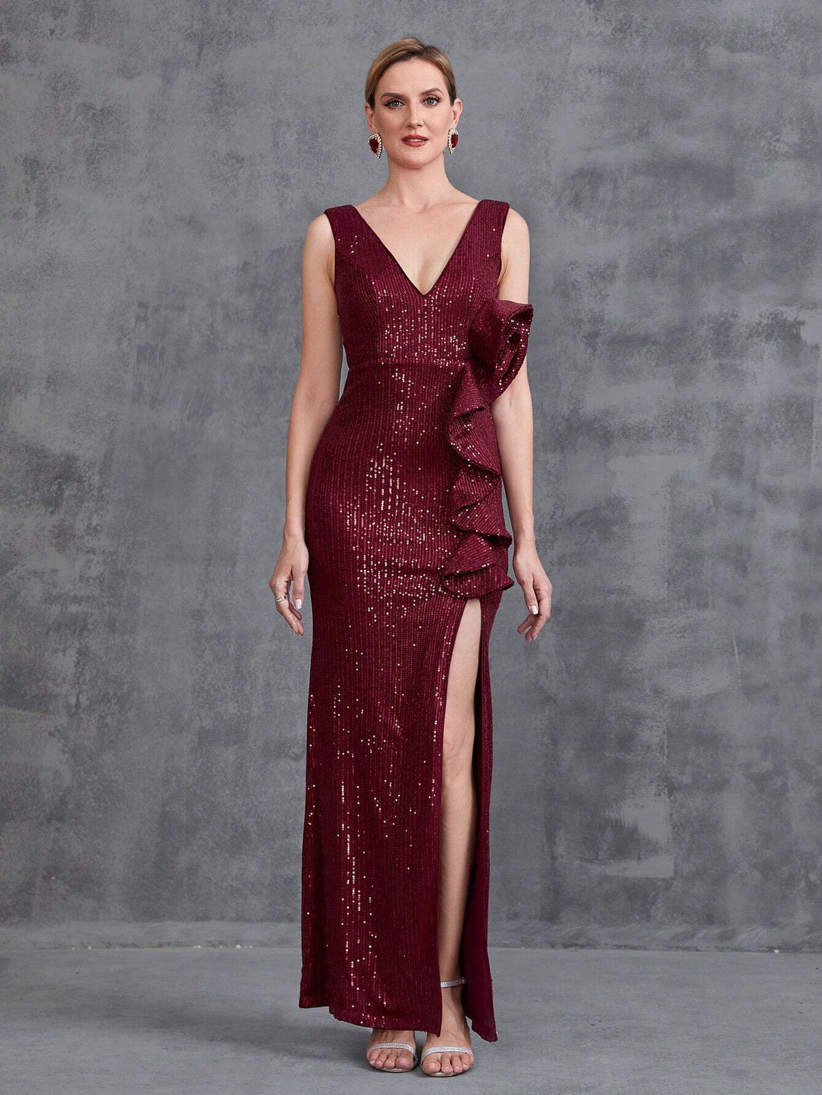 Women V Neck Split Thigh Ruffled Prom Dress