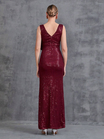 Women V Neck Split Thigh Ruffled Prom Dress