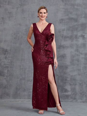 Women V Neck Split Thigh Ruffled Prom Dress