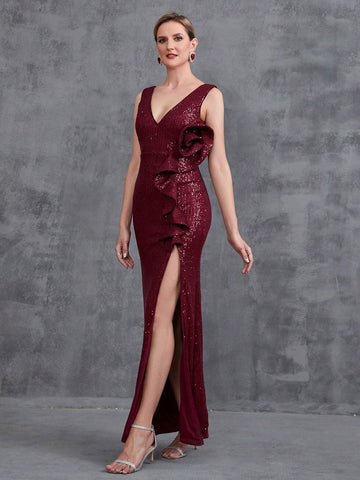 Women V Neck Split Thigh Ruffled Prom Dress