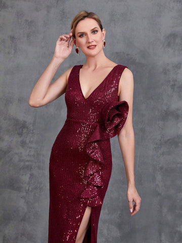 Women V Neck Split Thigh Ruffled Prom Dress