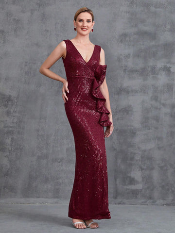 Women V Neck Split Thigh Ruffled Prom Dress