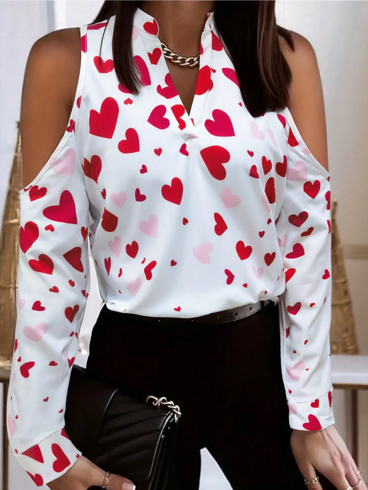 Women Valentine's Day Heart Print Cold Shoulder Blouse