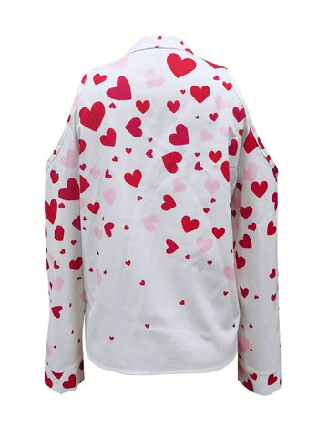 Women Valentine's Day Heart Print Cold Shoulder Blouse