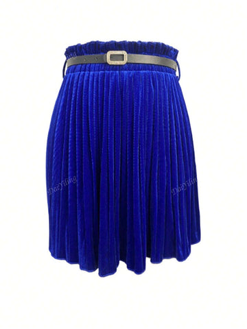 Women Velvet Pleated Mini Skirt With Belt, Sexy