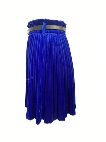 Women Velvet Pleated Mini Skirt With Belt, Sexy