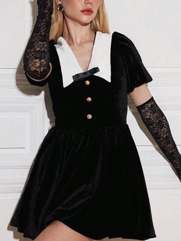 Women Velvet Puff Sleeve Classic Fashion Casual Vintage Dress