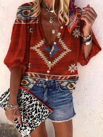 Women Western Geometric Printed 3/4 Sleeve Casual Shirt