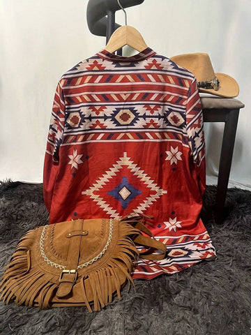 Women Western Geometric Printed 3/4 Sleeve Casual Shirt