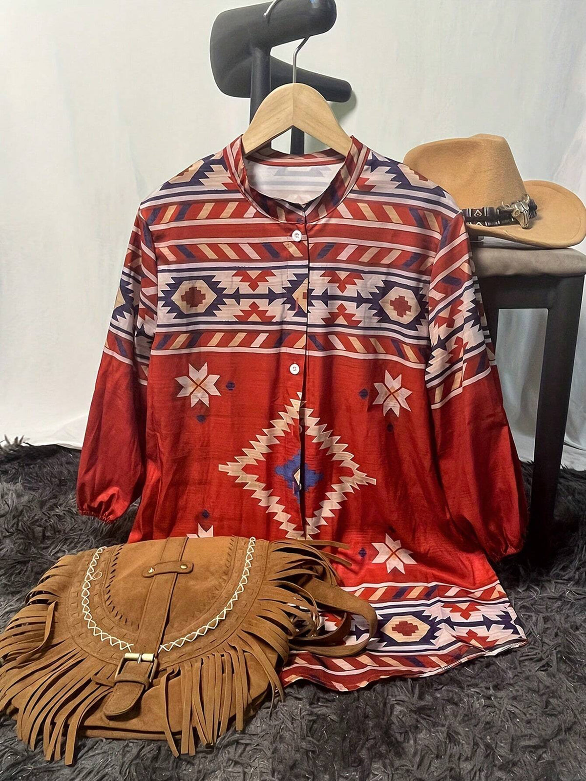 Women Western Geometric Printed 3/4 Sleeve Casual Shirt