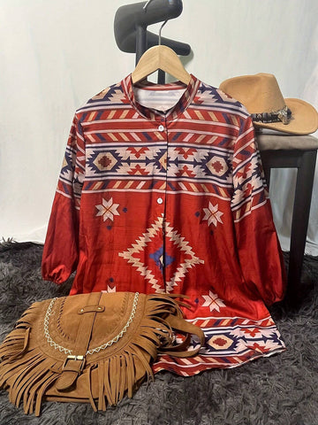 Women Western Geometric Printed 3/4 Sleeve Casual Shirt