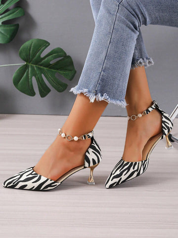 Women Zebra Striped Pattern Faux Pearl Decor Point Toe Pyramid Heeled Ankle Strap Pumps, Fashion Outdoor Pumps