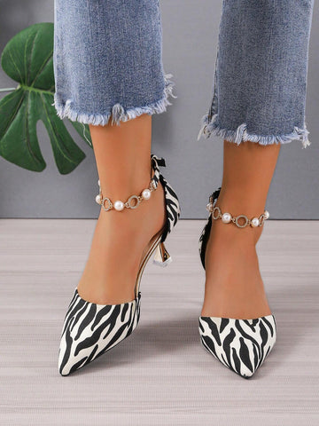 Women Zebra Striped Pattern Faux Pearl Decor Point Toe Pyramid Heeled Ankle Strap Pumps, Fashion Outdoor Pumps