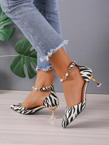 Women Zebra Striped Pattern Faux Pearl Decor Point Toe Pyramid Heeled Ankle Strap Pumps, Fashion Outdoor Pumps