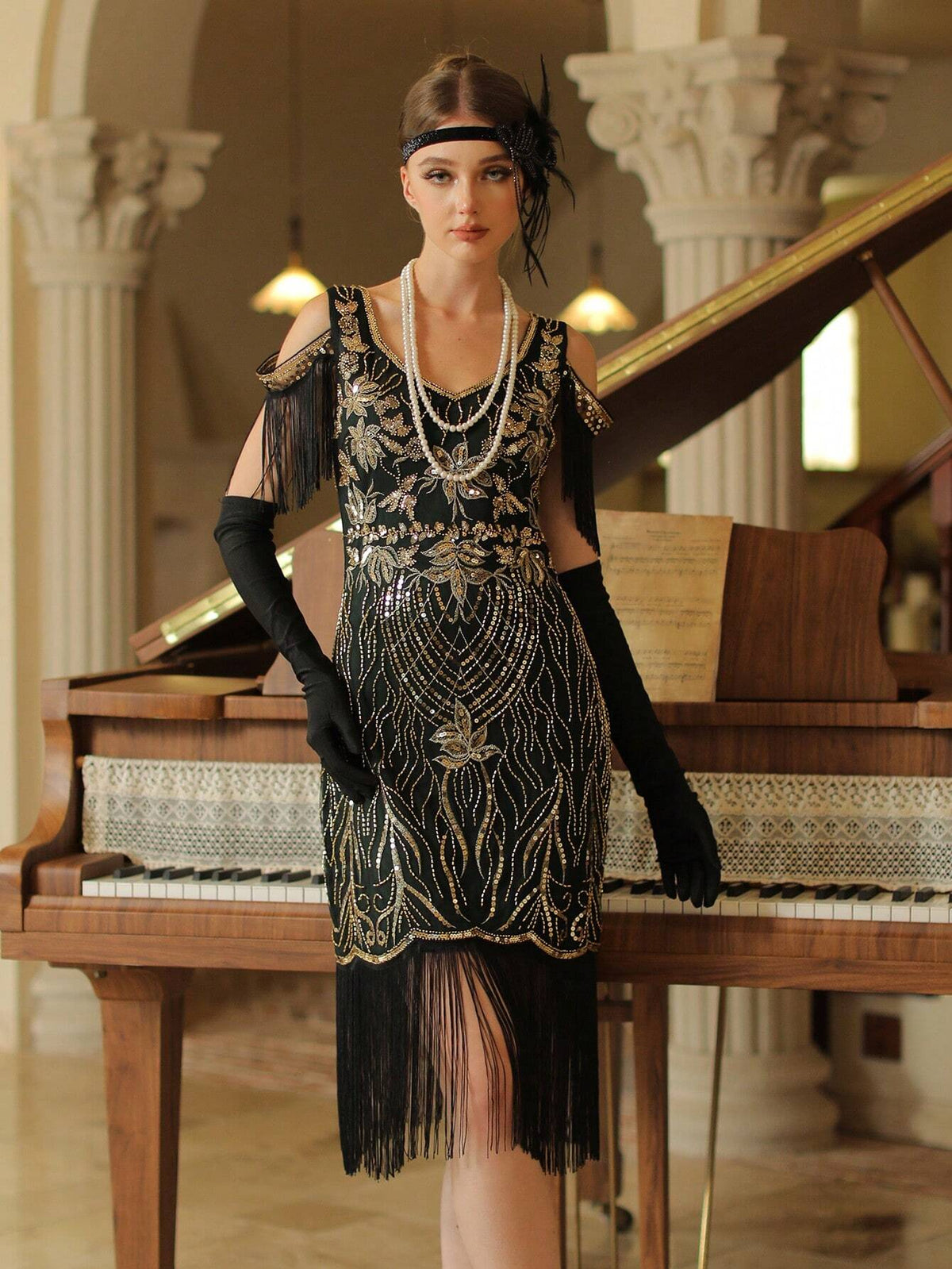 Women's 1920s Flapper Dress,Crew Neck Great Gatsby Fringe Dresses With Sleeve For Formal/Party/Prom/Club/Wedding