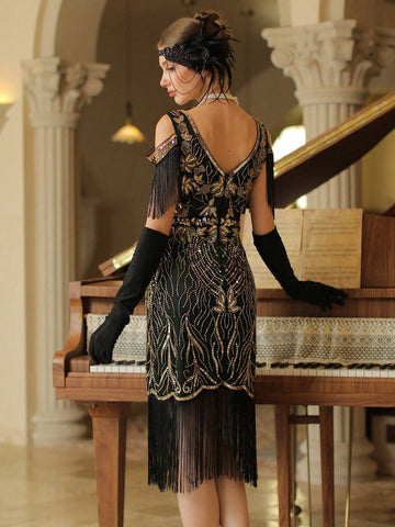 Women's 1920s Flapper Dress,Crew Neck Great Gatsby Fringe Dresses With Sleeve For Formal/Party/Prom/Club/Wedding