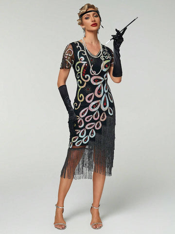 Women's 1920s Vintage Fringed Sequin Mesh Short Sleeve Cocktail Dress
