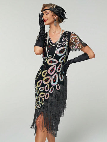 Women's 1920s Vintage Fringed Sequin Mesh Short Sleeve Cocktail Dress