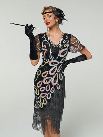 Women's 1920s Vintage Fringed Sequin Mesh Short Sleeve Cocktail Dress