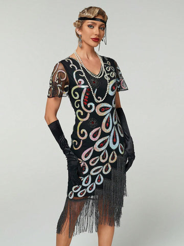 Women's 1920s Vintage Fringed Sequin Mesh Short Sleeve Cocktail Dress