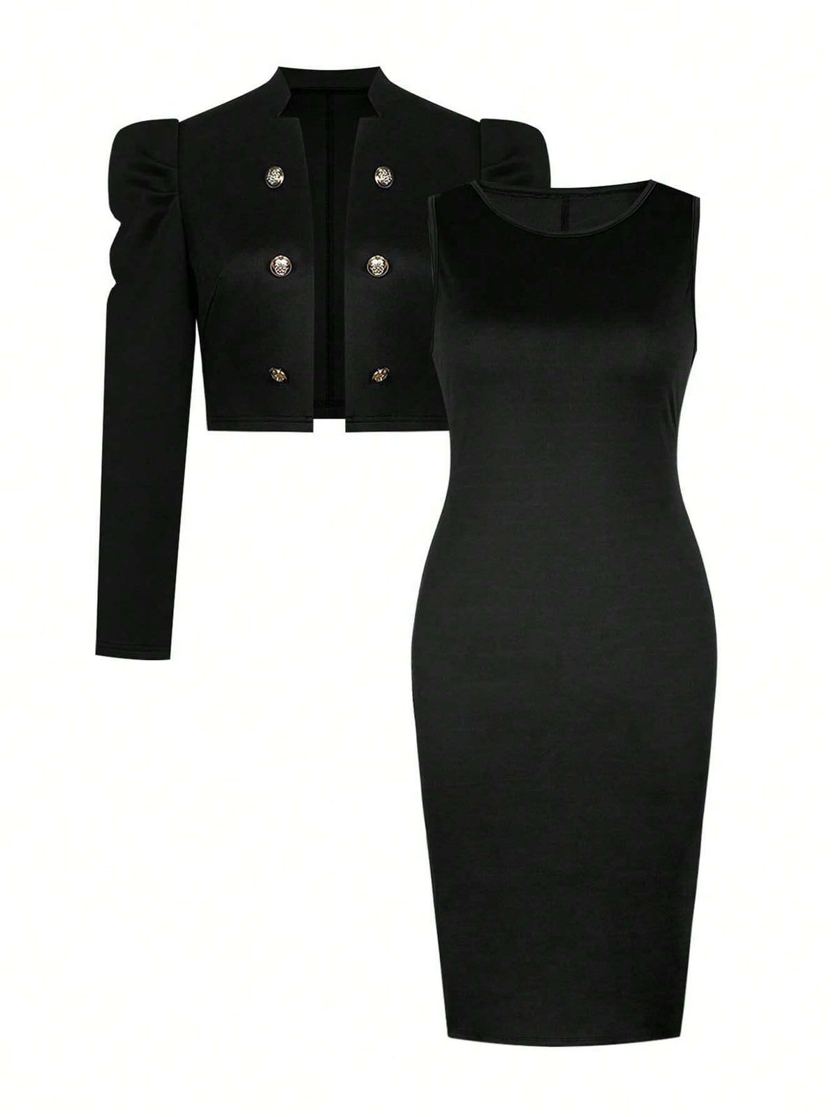 Women's 2-Piece Elegant Suit Solid Color Long-Sleeved Decorative Button Cardigan Coat Round Neck Slim Bodycon Dress Office Meeting Four Seasons Universal