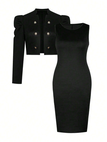 Women's 2-Piece Elegant Suit Solid Color Long-Sleeved Decorative Button Cardigan Coat Round Neck Slim Bodycon Dress Office Meeting Four Seasons Universal