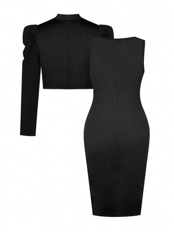 Women's 2-Piece Elegant Suit Solid Color Long-Sleeved Decorative Button Cardigan Coat Round Neck Slim Bodycon Dress Office Meeting Four Seasons Universal